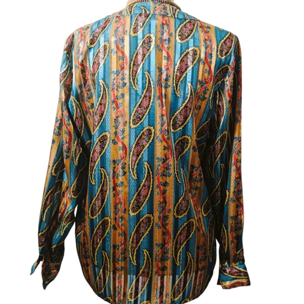 Vintage Hasting & Smith‎ teal and gold paisley button down sheer blouse